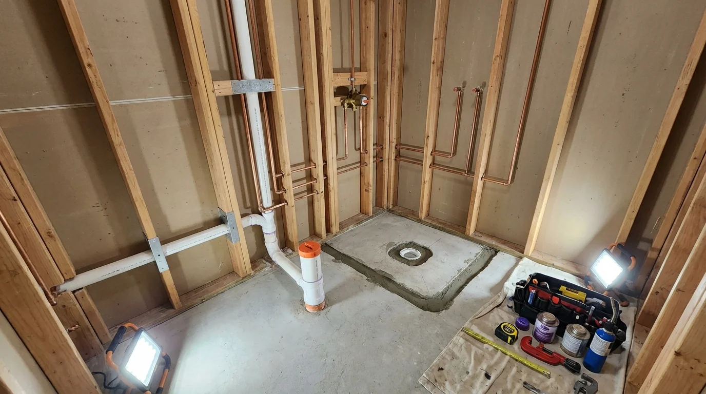 Bathroom rough-in plumbing during remodel by Johns Plumbing LLC in Flora Vista