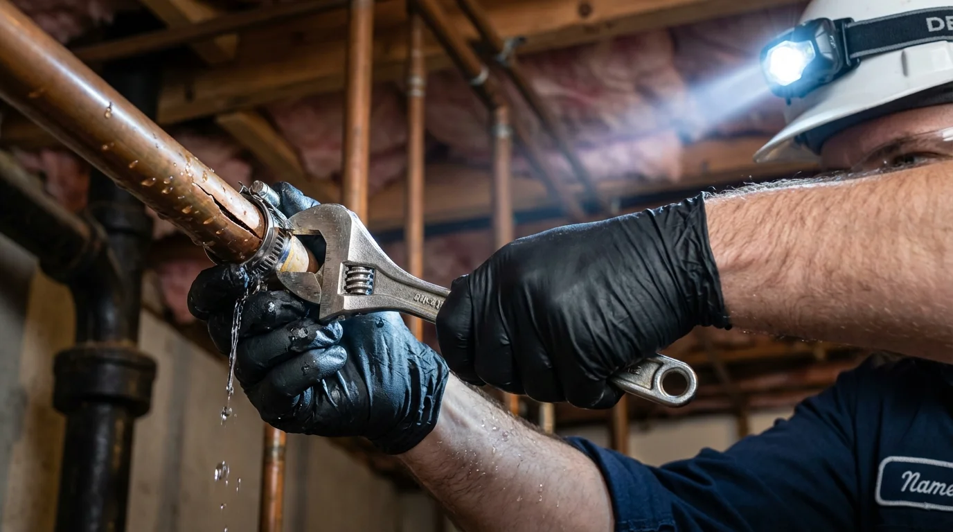 Emergency pipe clamp repair being performed by a Johns Plumbing LLC plumber in Flora Vista