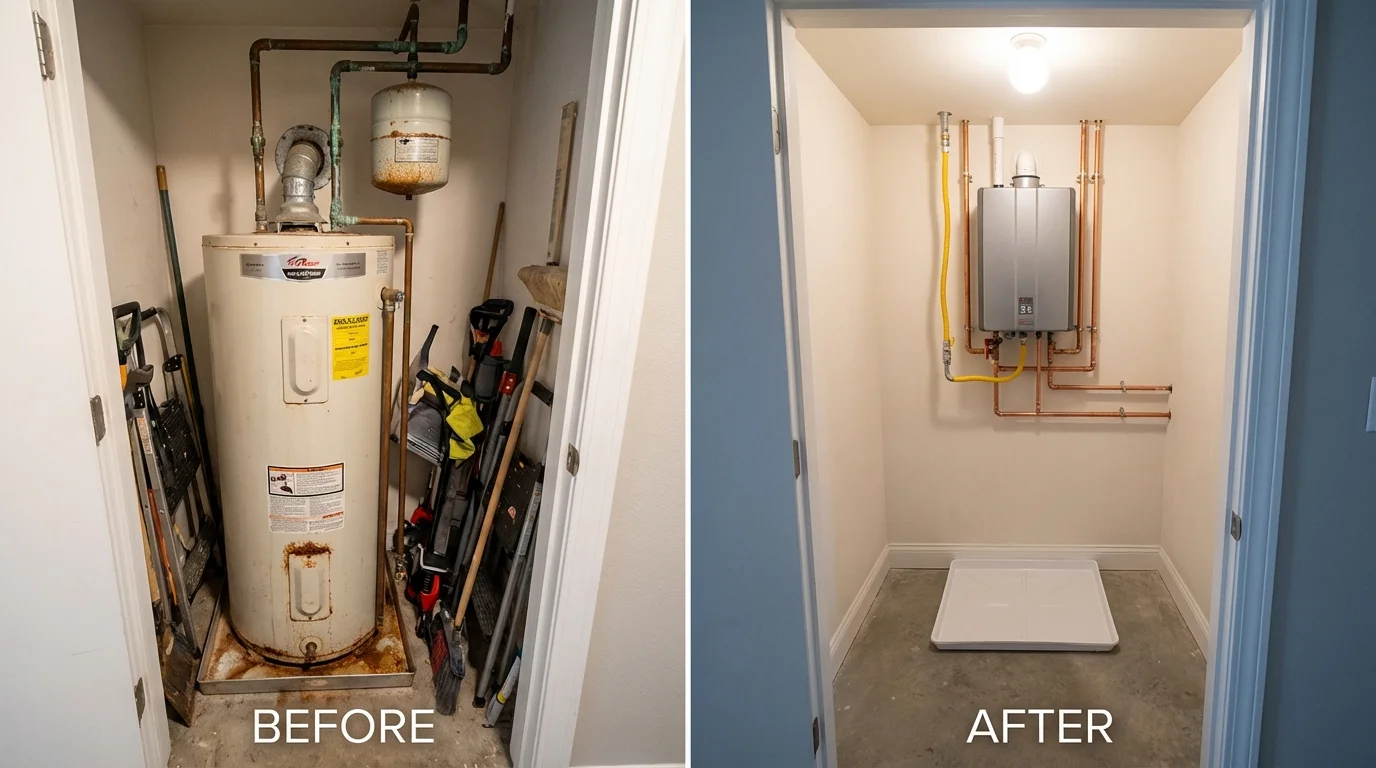 Tank water heater versus wall-mounted tankless unit comparison for Flora Vista, NM homeowners