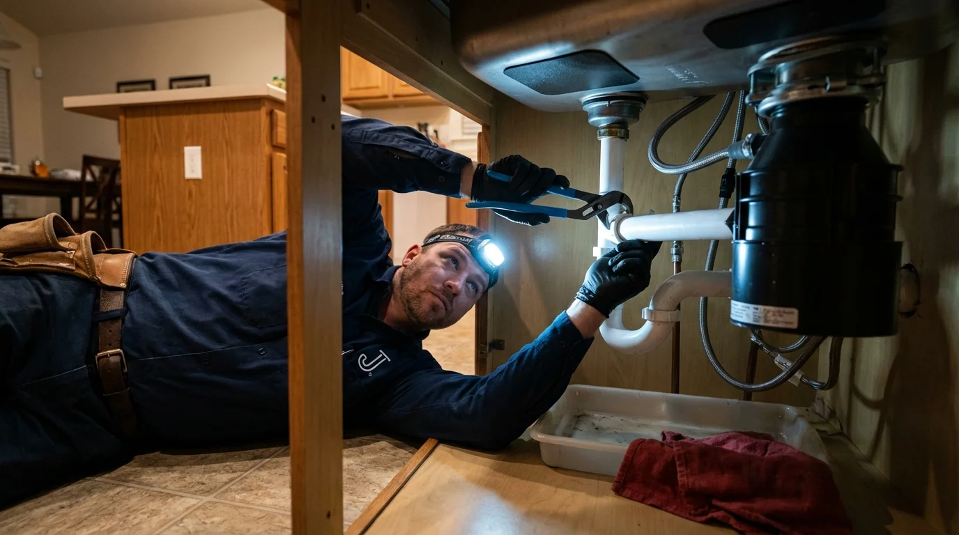 P-trap and supply line connections under a kitchen sink showing a common leak point in Flora Vista, NM